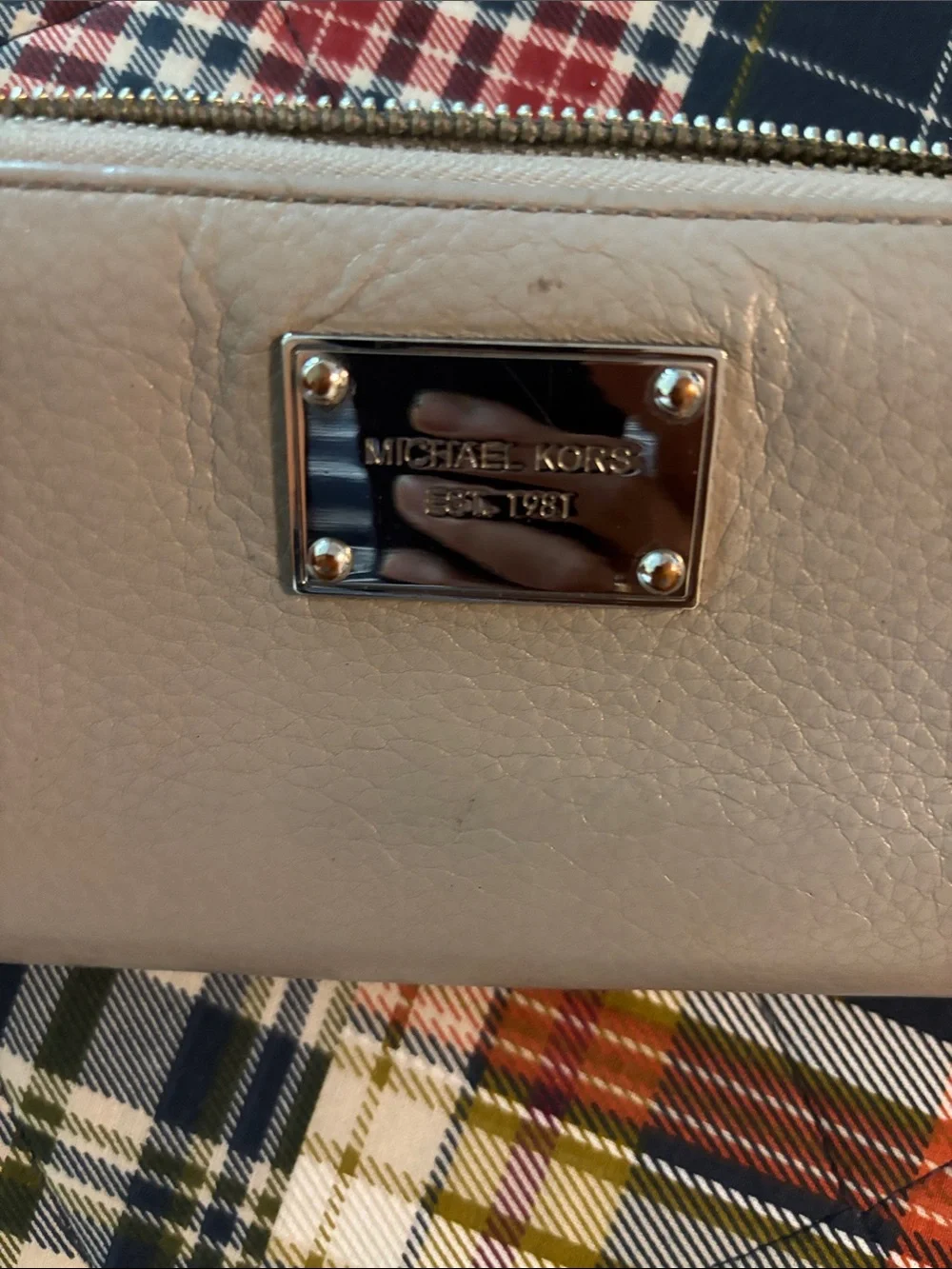 Michael Kors Gray Leather Zip Wallet with Metal Logo Plaque